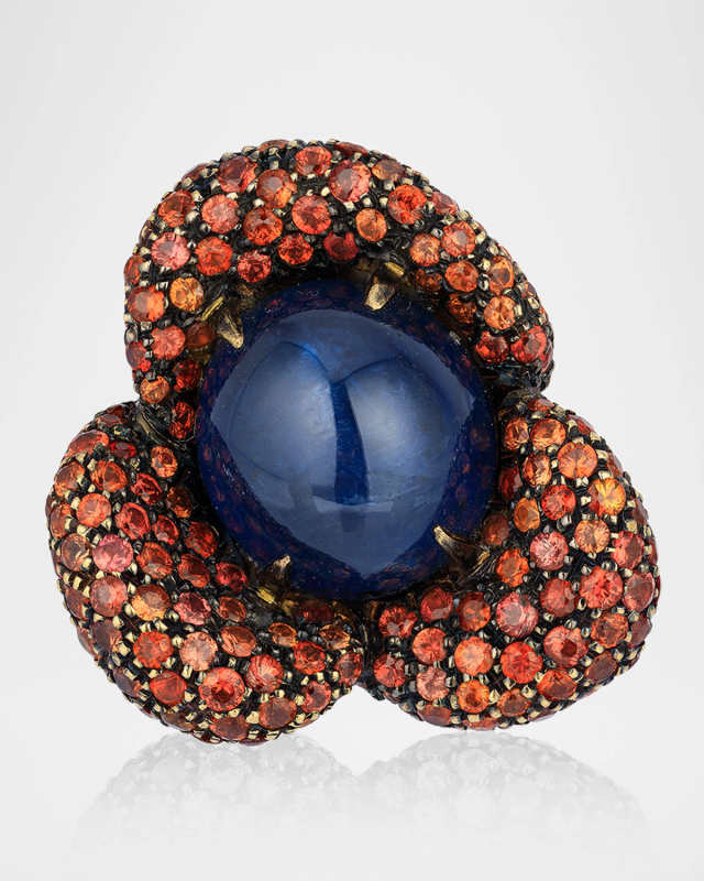 18K Yellow Gold Orange and Blue Sapphire Poppy Ring, Size 6.5